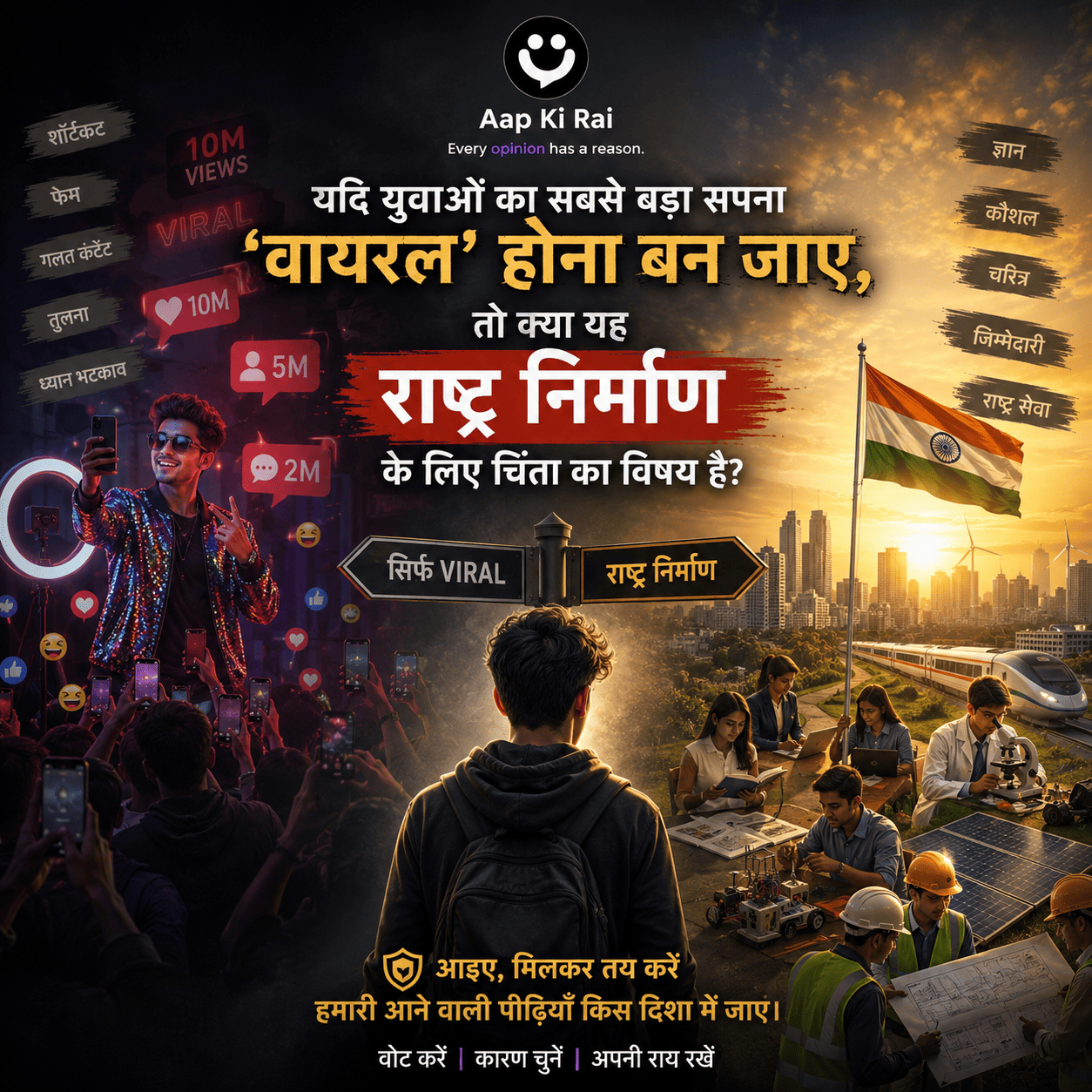 यदि युवाओं का सबसे बड़ा सपना केवल "वायरल" होना बन जाए, तो क्या यह राष्ट्र निर्माण के लिए चिंता का विषय है?
(If becoming "viral" becomes the biggest dream of today's youth, is it a concern for nation-building?)