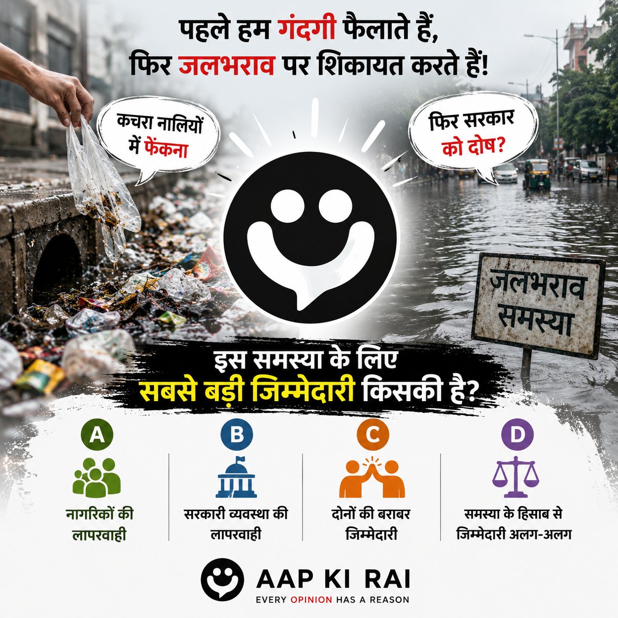 जलभराव के लिए नालियों में कचरा फेंकने की आदत और सरकारी व्यवस्था में से किसकी बड़ी जिम्मेदारी है?
(When waterlogging occurs, which carries greater responsibility—the habit of dumping waste in drains or the government system?)