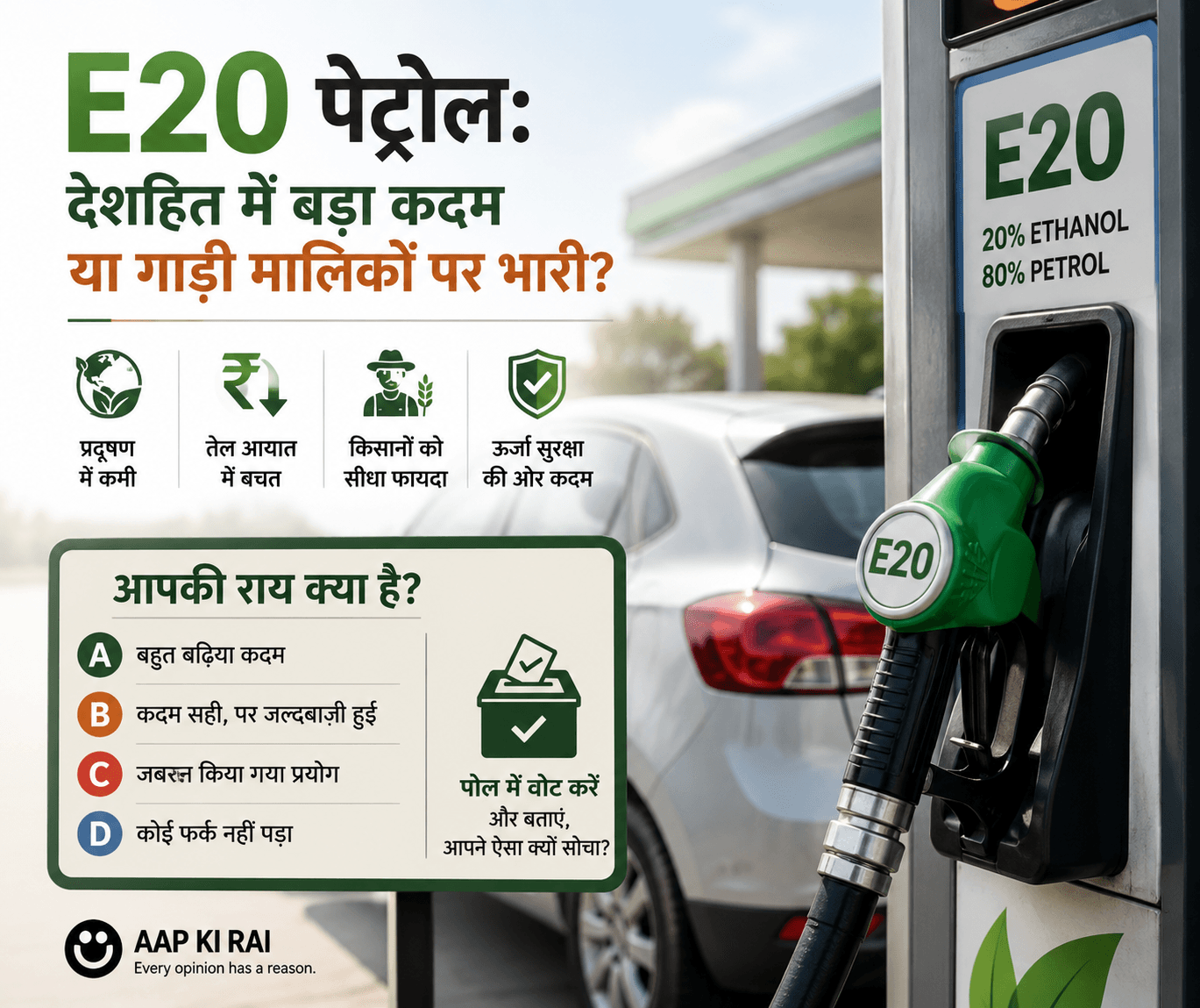 E20 पेट्रोल: देशहित में बड़ा कदम या गाड़ी मालिकों पर भारी?
(E20 Petrol: Great step for India or heavy burden on vehicle owners?)