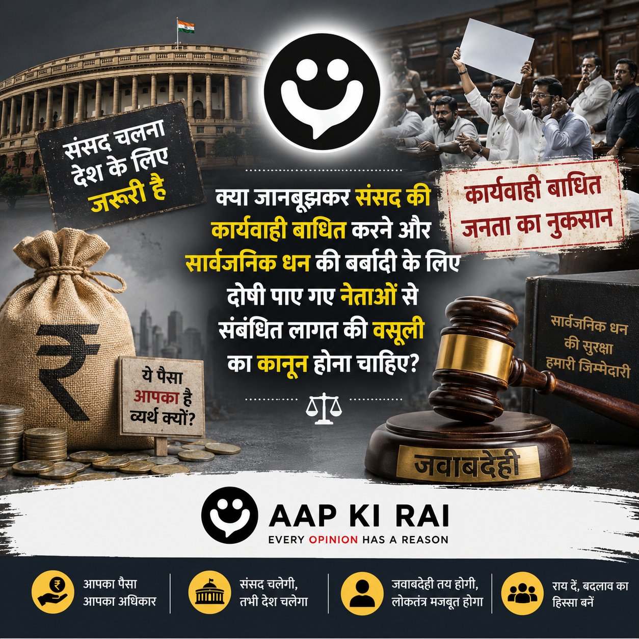 क्या जानबूझकर संसद की कार्यवाही बाधित करने और सार्वजनिक धन की बर्बादी के लिए दोषी पाए गए नेताओं से संबंधित लागत की वसूली का कानून होना चाहिए?
(Should there be a law to recover the associated public cost from politicians found guilty of deliberately disrupting Parliament proceedings?)